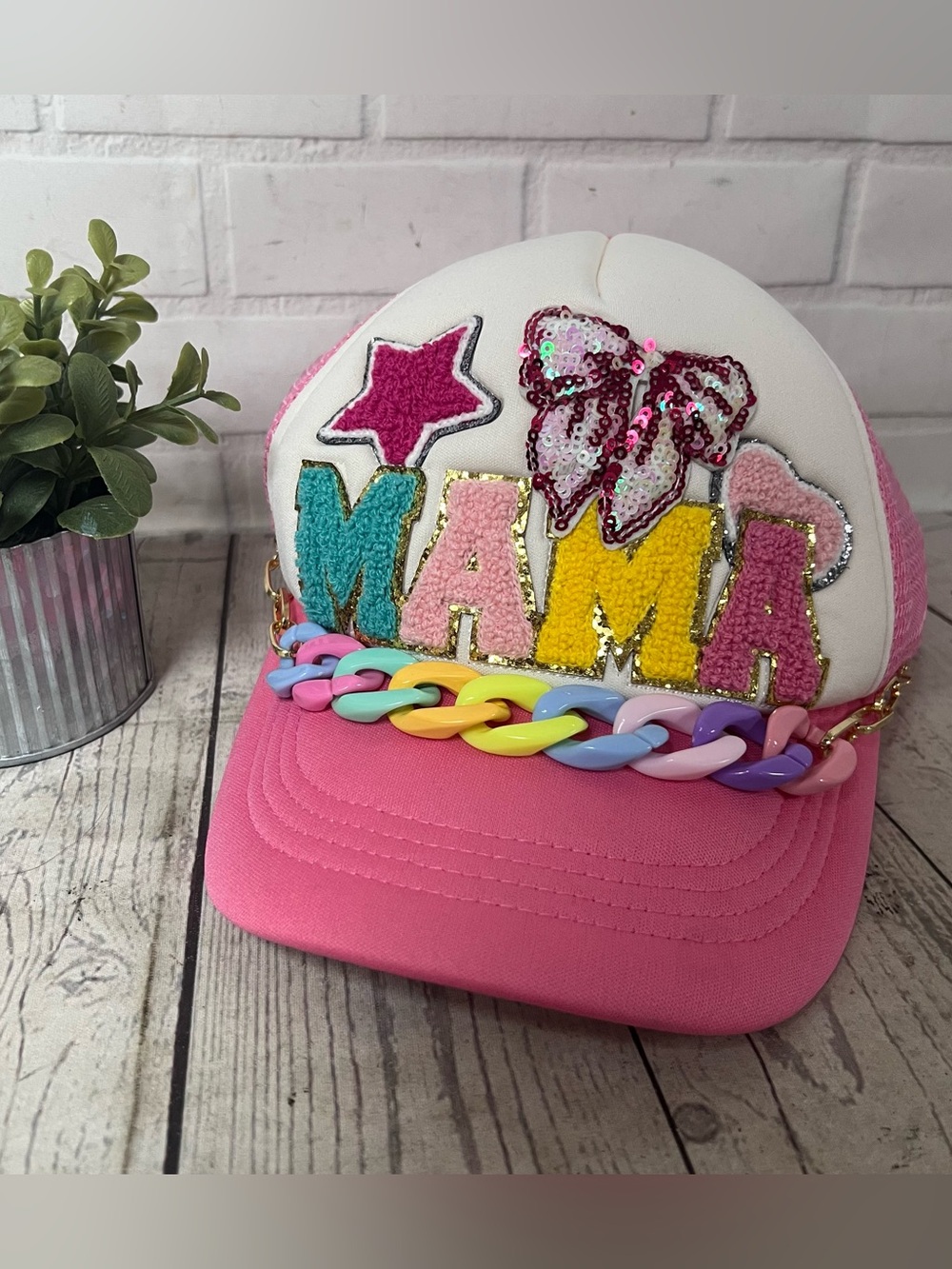 Puffy MAMA Patch Hat Chunky Chain Bow Pink Trucker Snapback simply southern